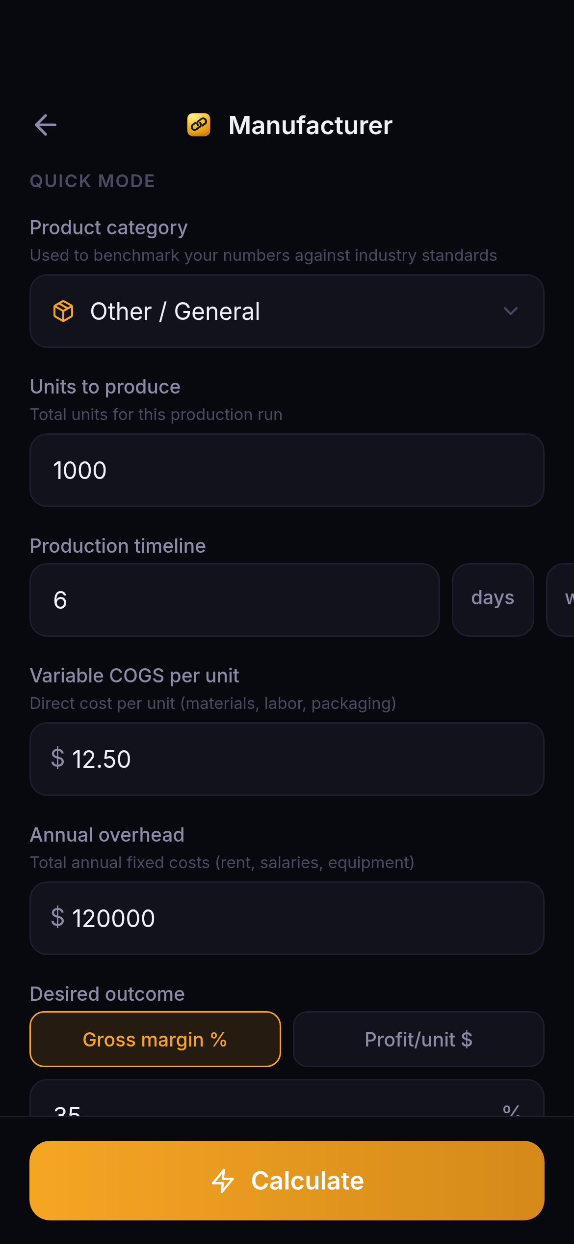 Manufacturer Calculator