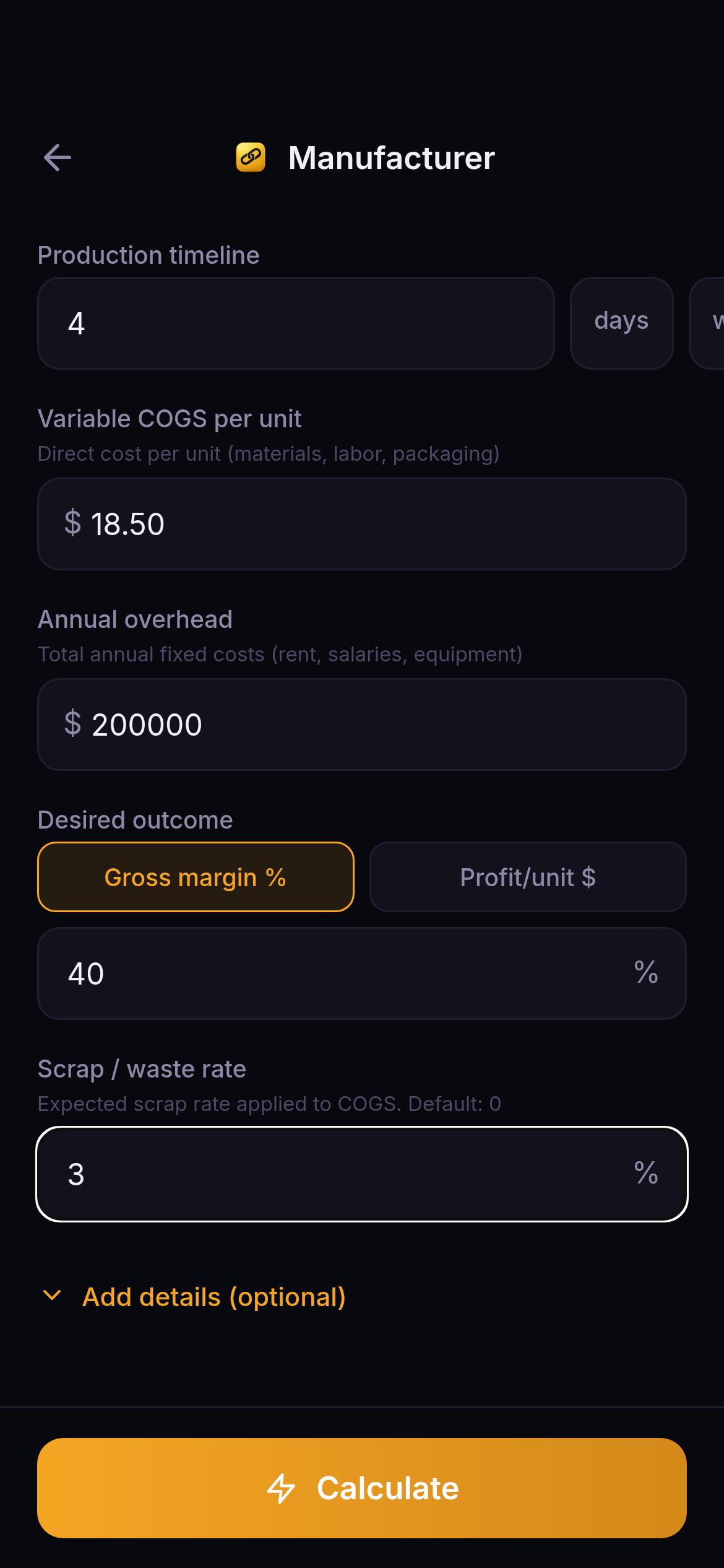 Manufacturer Calculator Filled